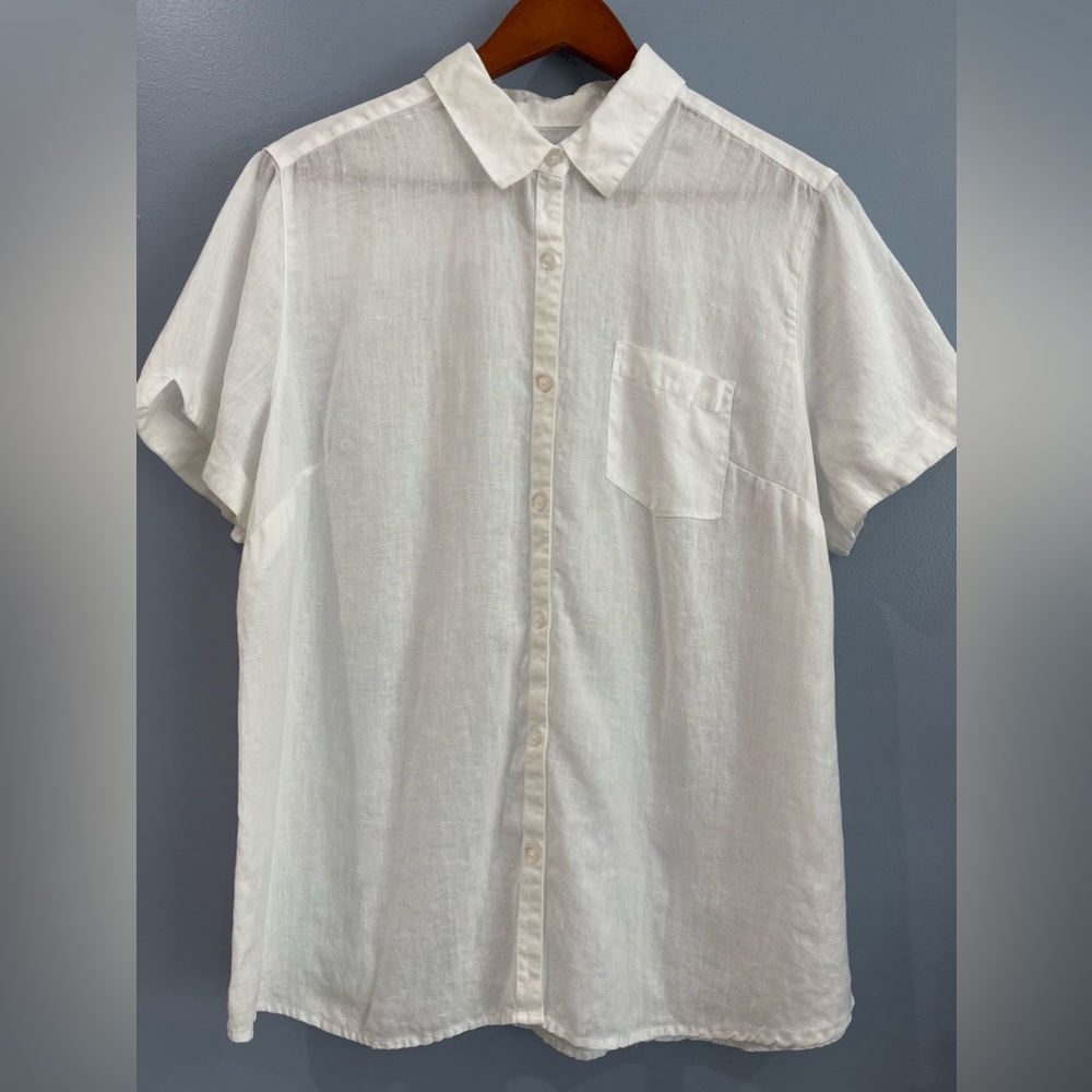Kim Rogers White Linen Women’s Button Up Short Sleeve Blouse Size XL
